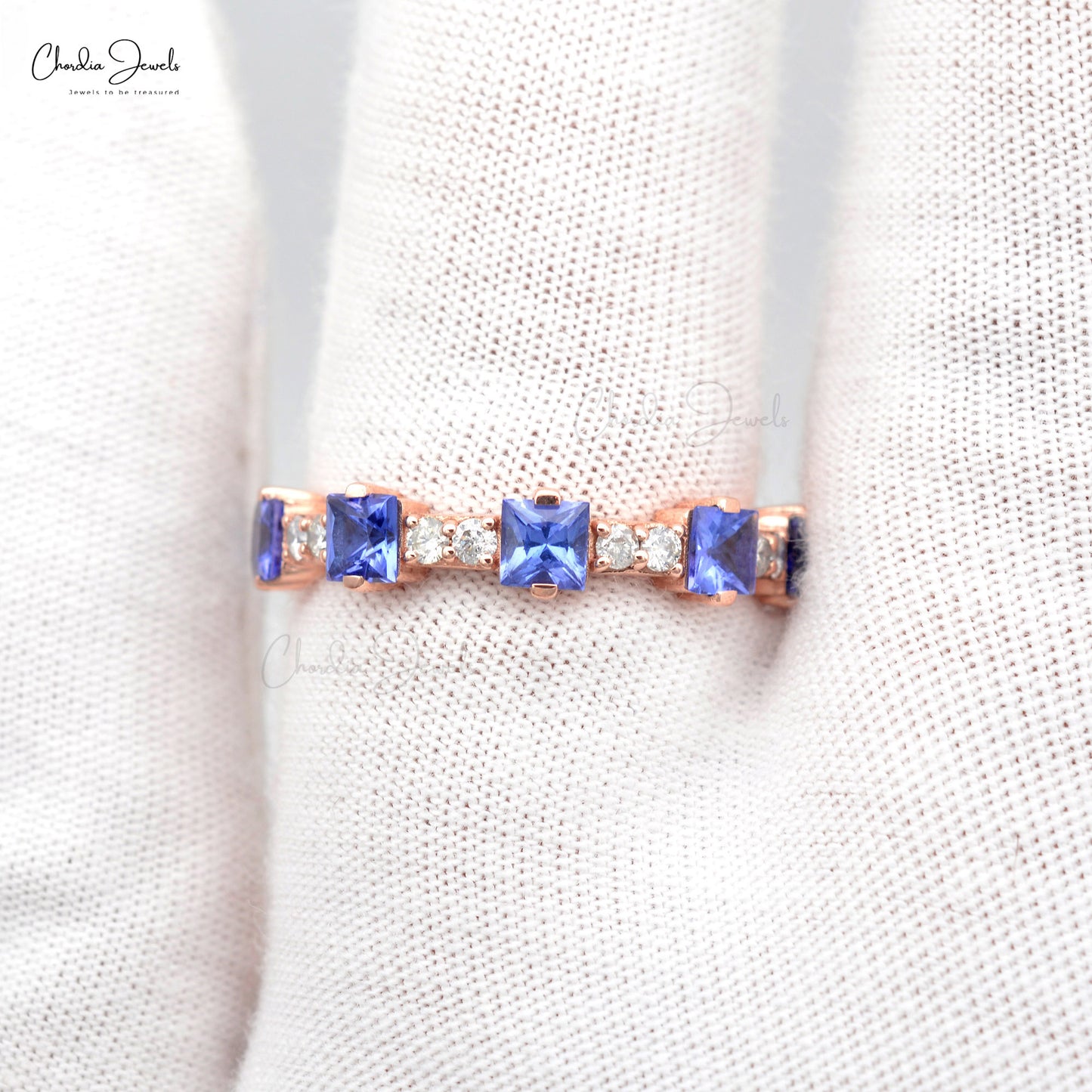 Square Cut Stackable Band In 14k Rose Gold Tanzanite Diamond Eternity Rings For Women