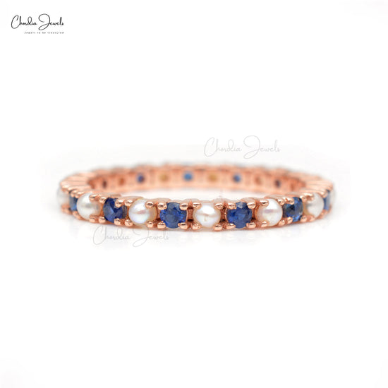 Natural Blue Sapphire Eternity Ring in 14k Solid Rose Gold Pearl Accented Promise Ring