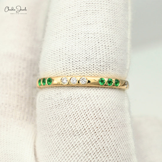 Load image into Gallery viewer, Solid 14k Yellow Gold Emerald Gemstone Ring Genuine Diamonds Accent Flush Set Dainty Ring
