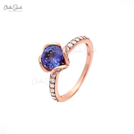 Natural 1.22ct Tanzanite Gemstone Floral Wedding Ring 14k Rose Gold Diamond Ring For Gift