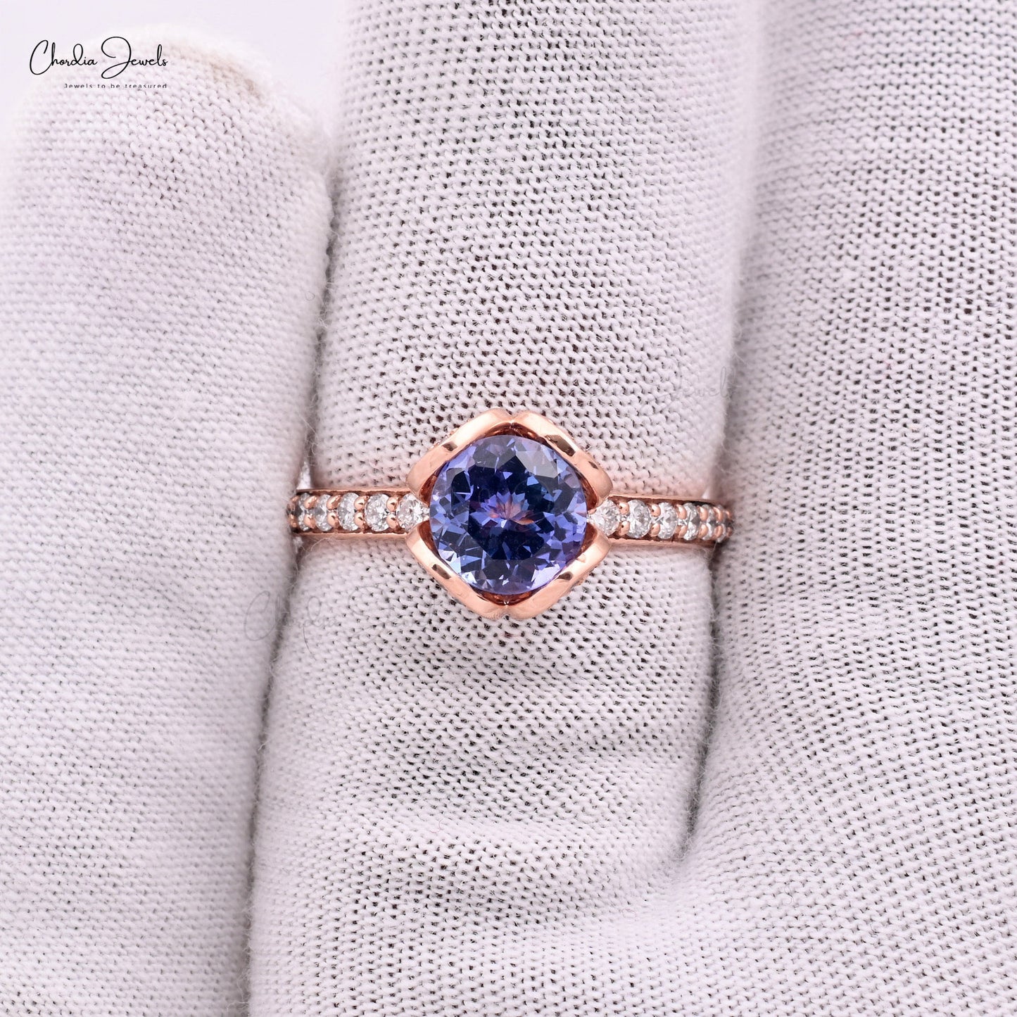 Natural 1.22ct Tanzanite Gemstone Floral Wedding Ring 14k Rose Gold Diamond Ring For Gift