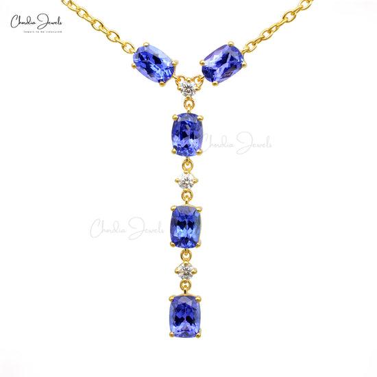 Genuine Tanzanite & Diamond Lariat Necklace 14k Real Yellow Gold Light Weight Necklace