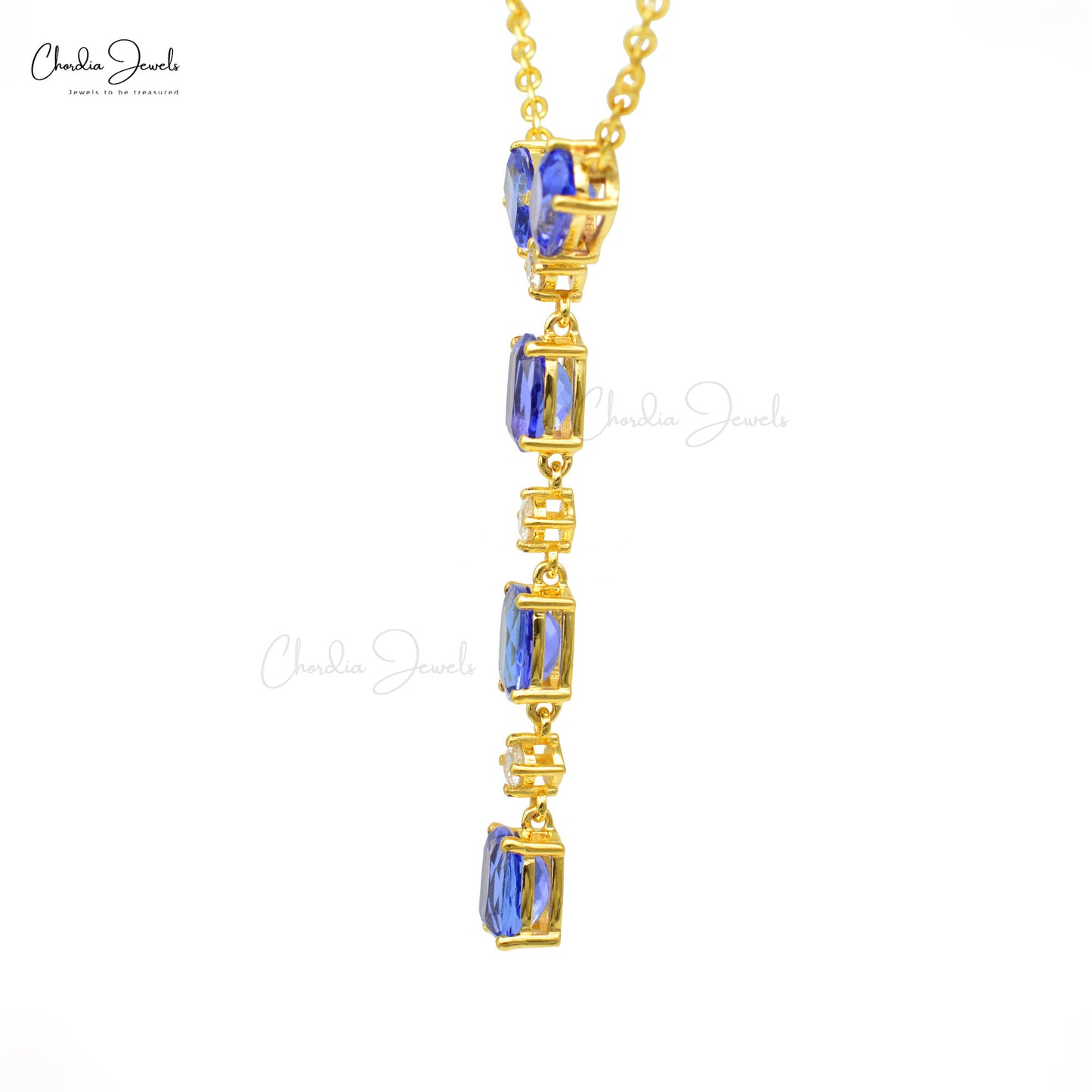 Genuine Tanzanite & Diamond Lariat Necklace 14k Real Yellow Gold Light Weight Necklace
