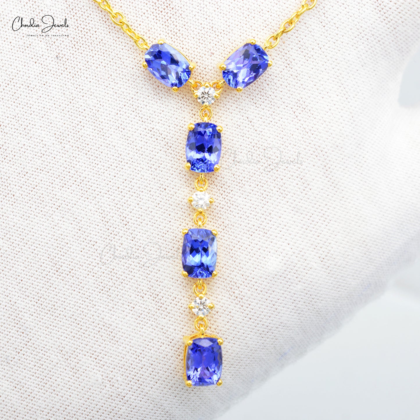 Genuine Tanzanite & Diamond Lariat Necklace 14k Real Yellow Gold Light Weight Necklace