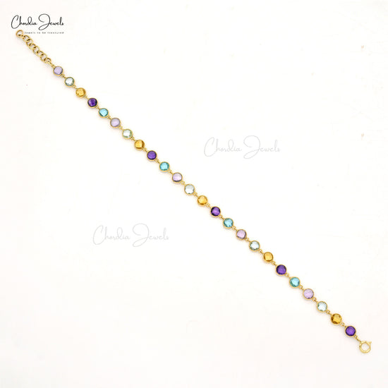 Stunning 4mm Multicolor Gemstone Bracelet 14k Solid Yellow Gold Minimalist Bracelet For Women