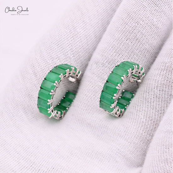 Load image into Gallery viewer, Authentic 5X3MM Emerald Stone Dainty Hoops 14k White Gold Push-Back Earrings For Birthday Gift

