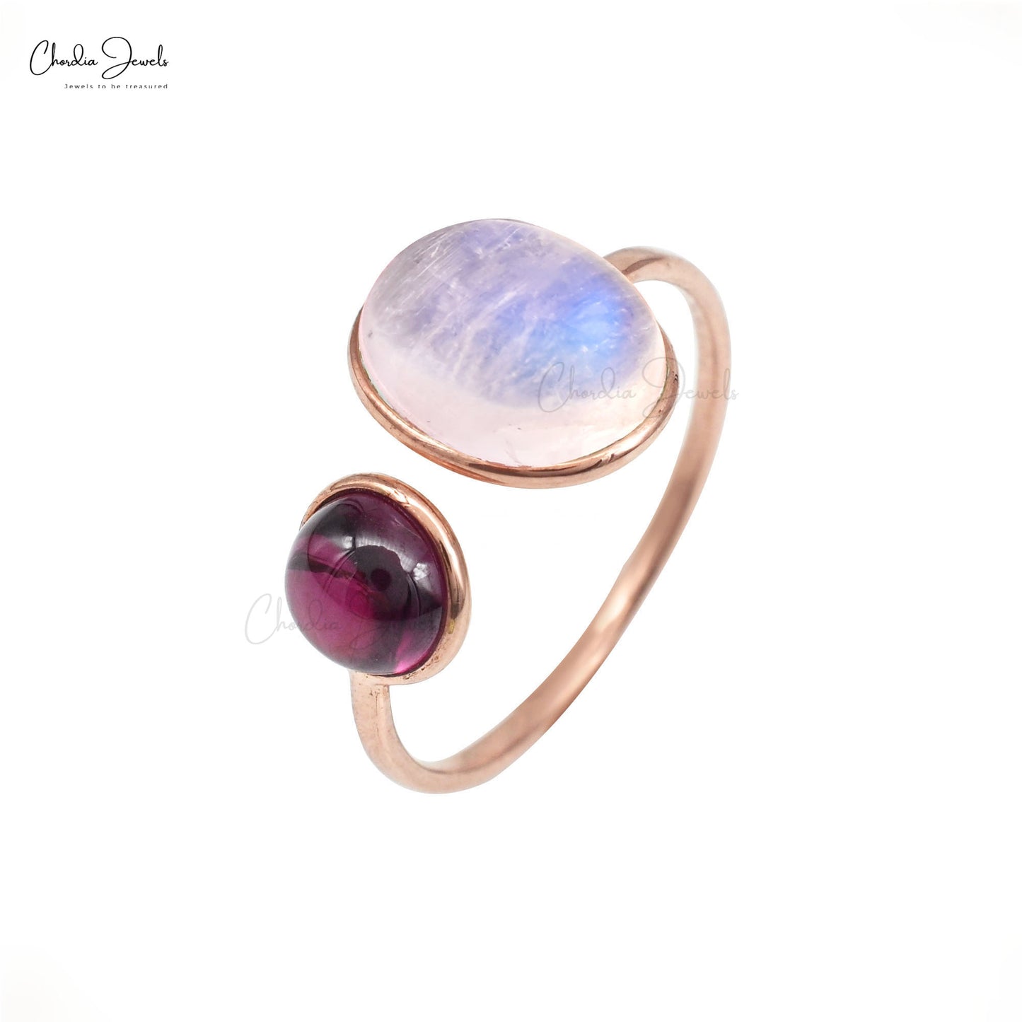 Dainty Rainbow Moonstone & Rhodolite Garnet Ring 14k Real Rose Gold Multi Gemstone Wedding Ring