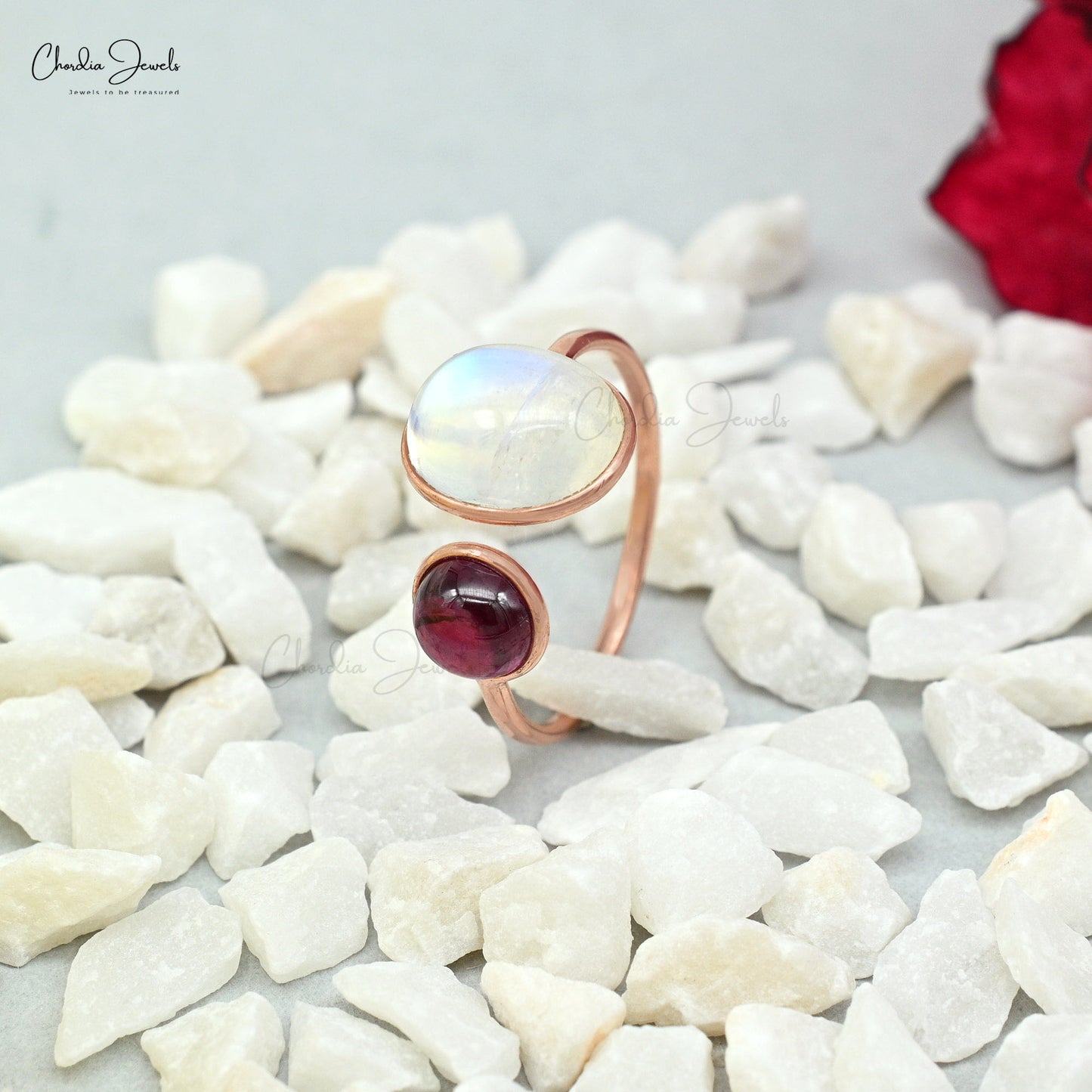 Dainty Rainbow Moonstone & Rhodolite Garnet Ring 14k Real Rose Gold Multi Gemstone Wedding Ring