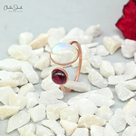 Dainty Rainbow Moonstone & Rhodolite Garnet Ring 14k Real Rose Gold Multi Gemstone Wedding Ring