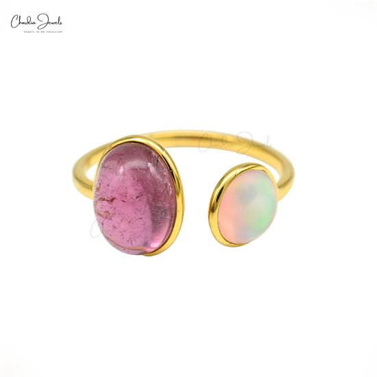 Load image into Gallery viewer, 14k Solid Yellow Gold Double Stone Ring Authentic Pink Tourmaline &amp;amp; Opal Gemstone Ring
