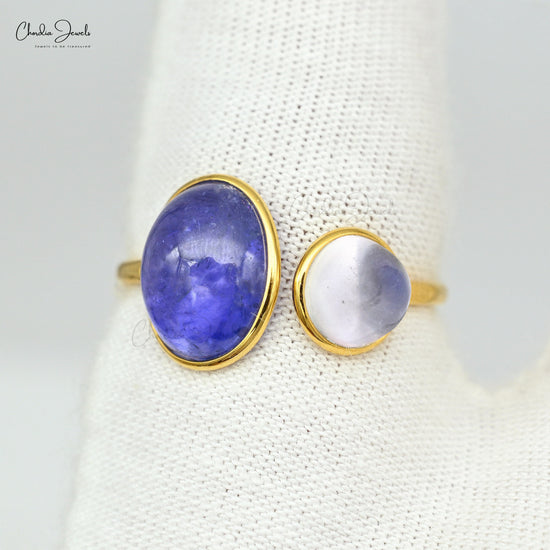 Solid 14k Yellow Gold Split Shank Ring Genuine Tanzanite & Rainbow Moonstone Promise Ring