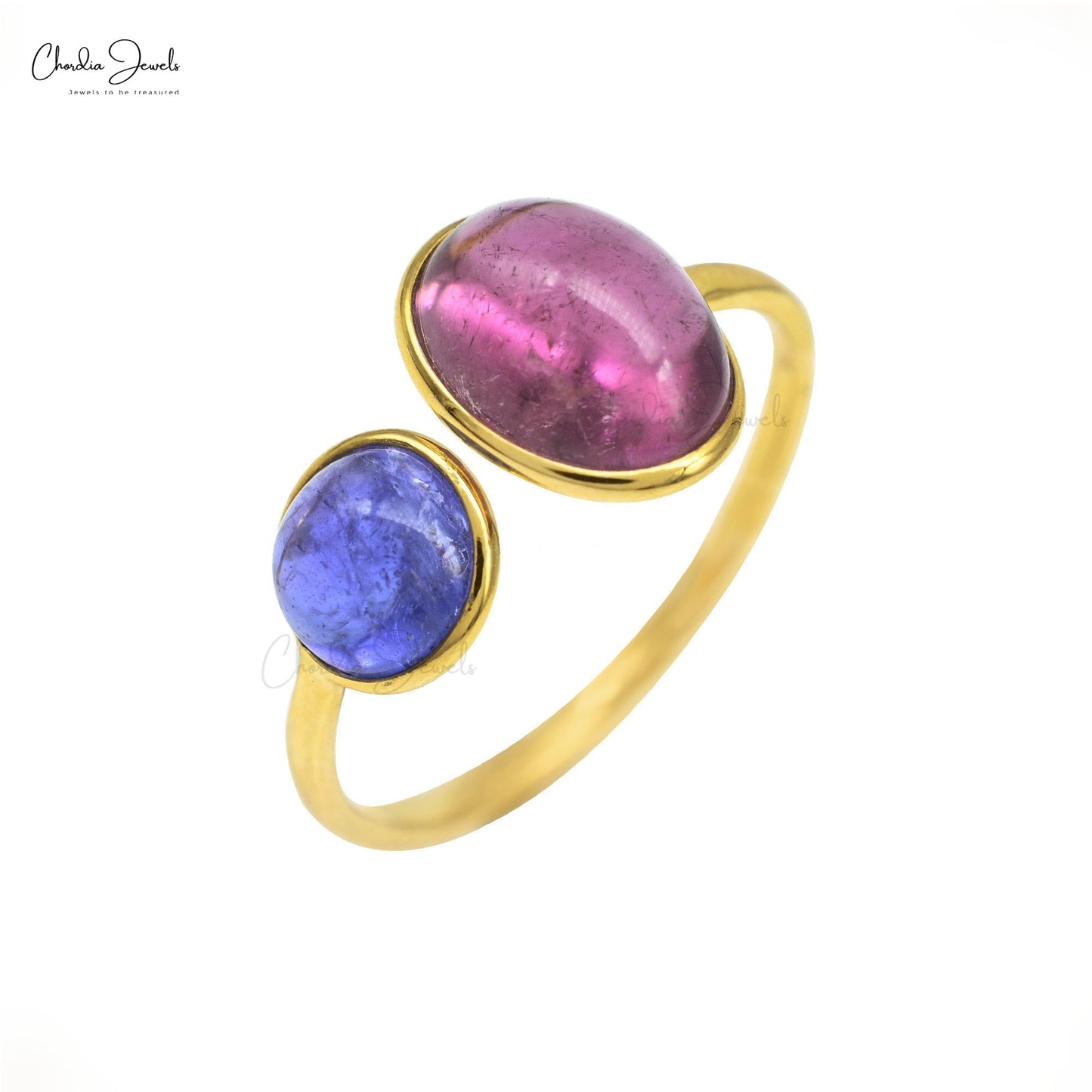 Trendy Tanzanite & Pink Tourmaline Minimalist Ring 14k Solid Yellow Gold Double Stone Ring