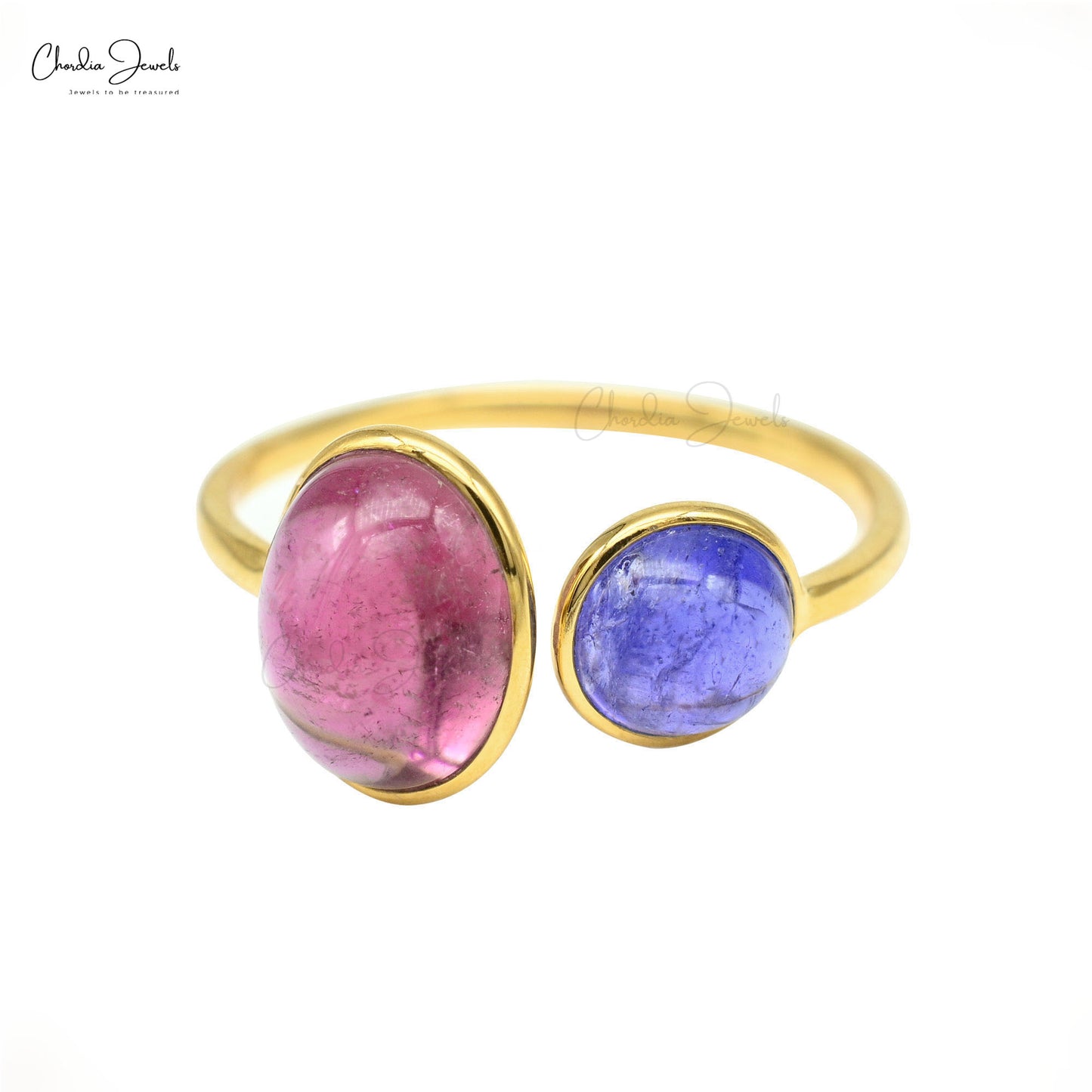 Trendy Tanzanite & Pink Tourmaline Minimalist Ring 14k Solid Yellow Gold Double Stone Ring