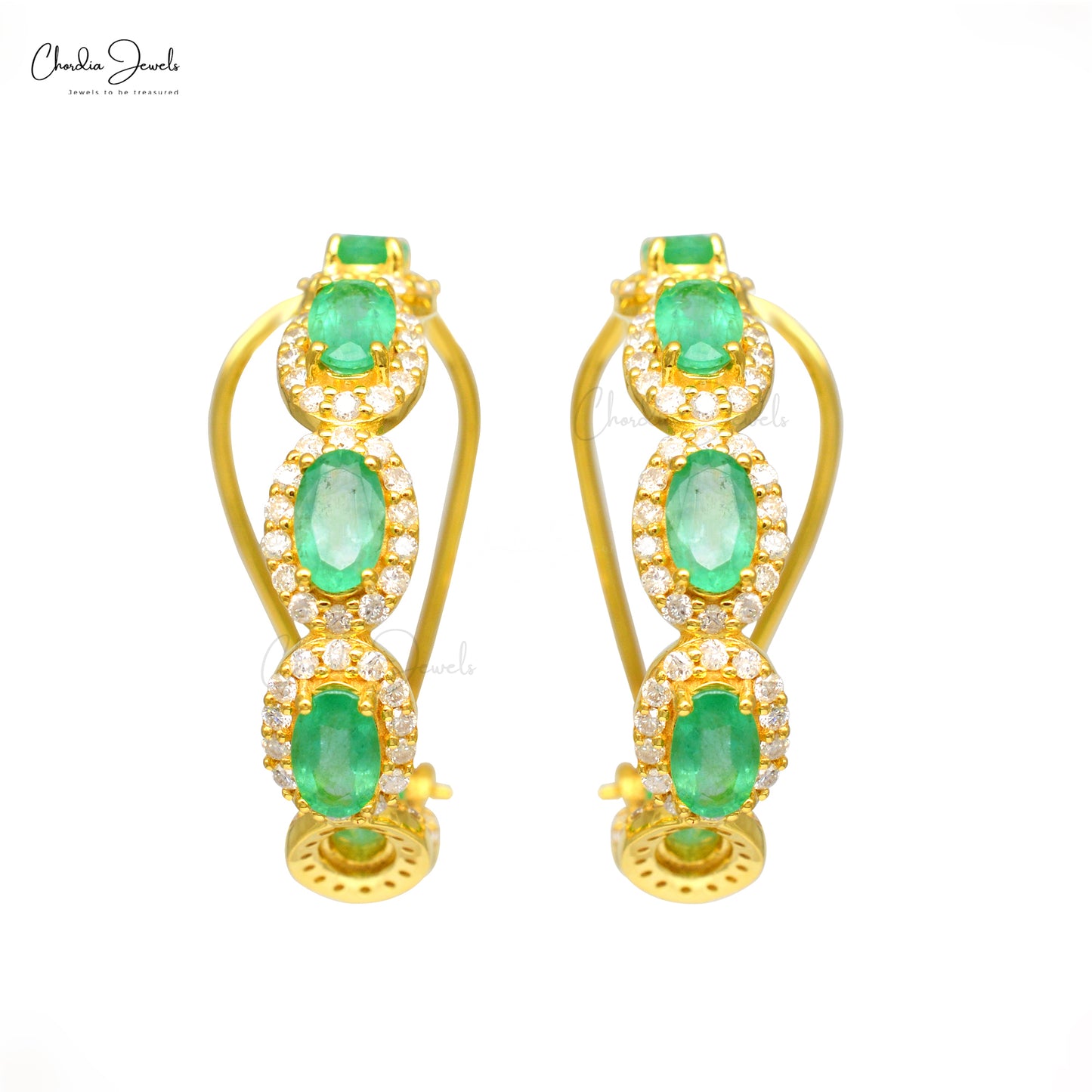 14k Yellow Gold Hoops with Natural Oval-Cut Emerald & Diamond Halo Unique Earrings
