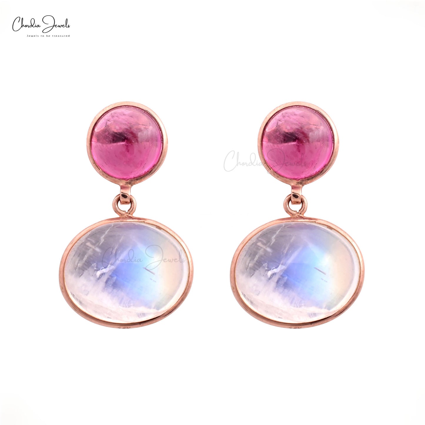 Real 14k Rose Gold Two Stone 1.87Ct Pink Tourmaline & Moonstone With Diamond Dangle Earrings