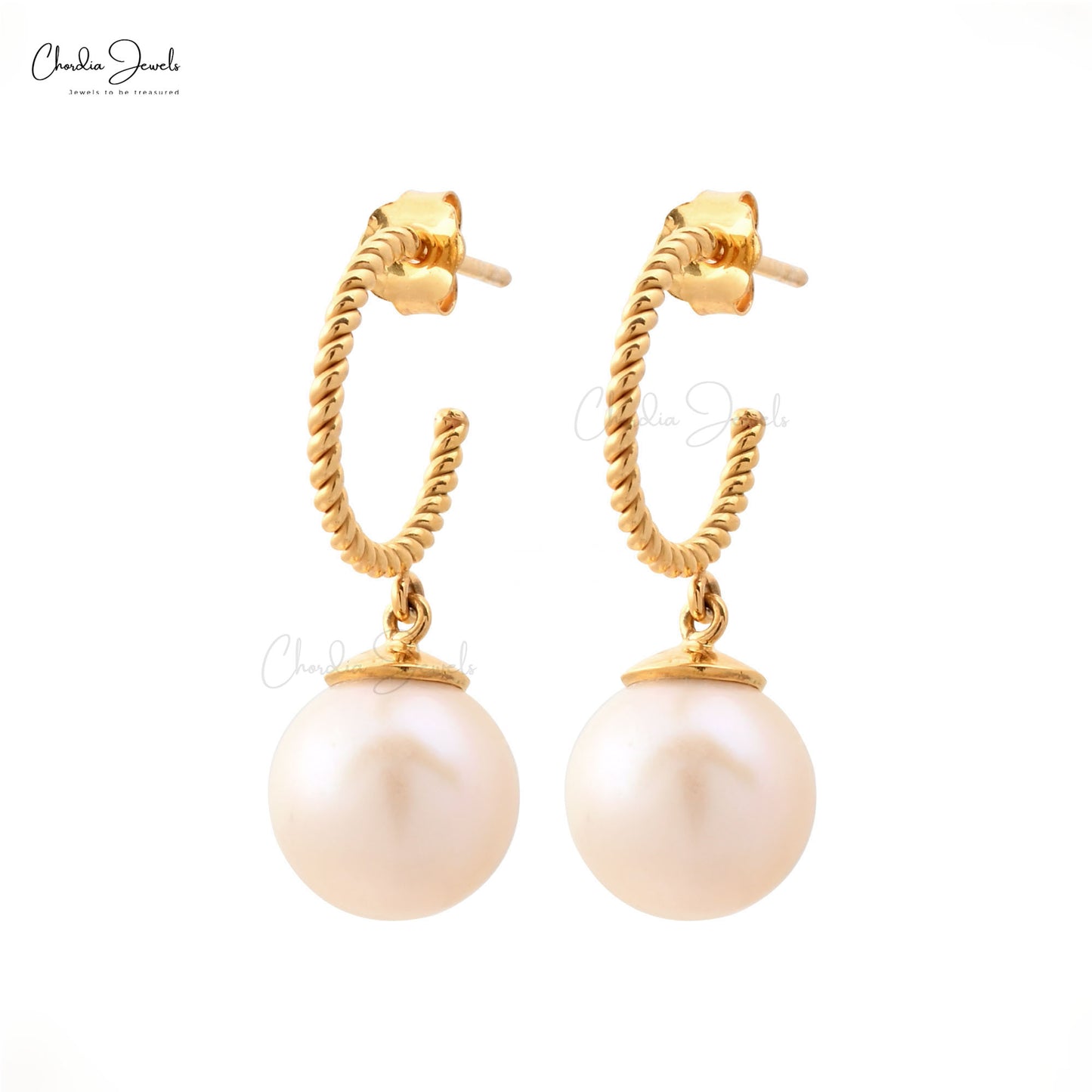 Natural 9mm Pearl Dangling Earrings 14k Yellow Gold Spiral Hoops Earring For Wedding Gift