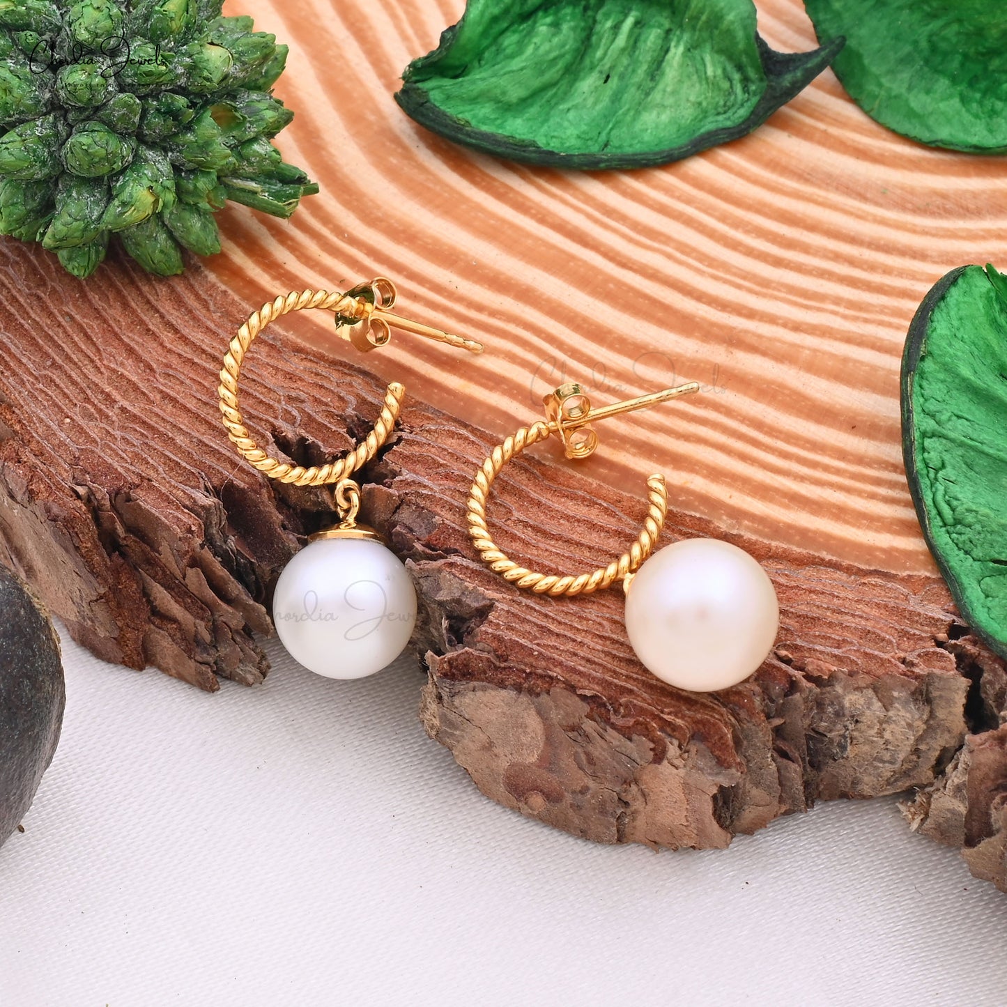 Natural 9mm Pearl Dangling Earrings 14k Yellow Gold Spiral Hoops Earring For Wedding Gift