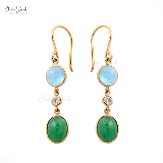 Load image into Gallery viewer, Dazzling 14k Solid Yellow Gold Diamond Earring Genuine Emerald &amp;amp; Aquamarine Dangle Earrings

