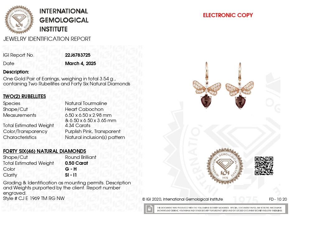 IGI Verified Dangle Earring With 6.5mm Pink Tourmaline Diamond 14k Rose Gold Earrings