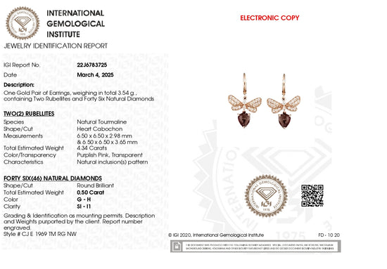 IGI Verified Dangle Earring With 6.5mm Pink Tourmaline Diamond 14k Rose Gold Earrings