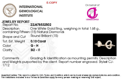 Open Cuff Heart Shape Ring In 18k White Gold Diamond G-H Color IGI Certified Rings