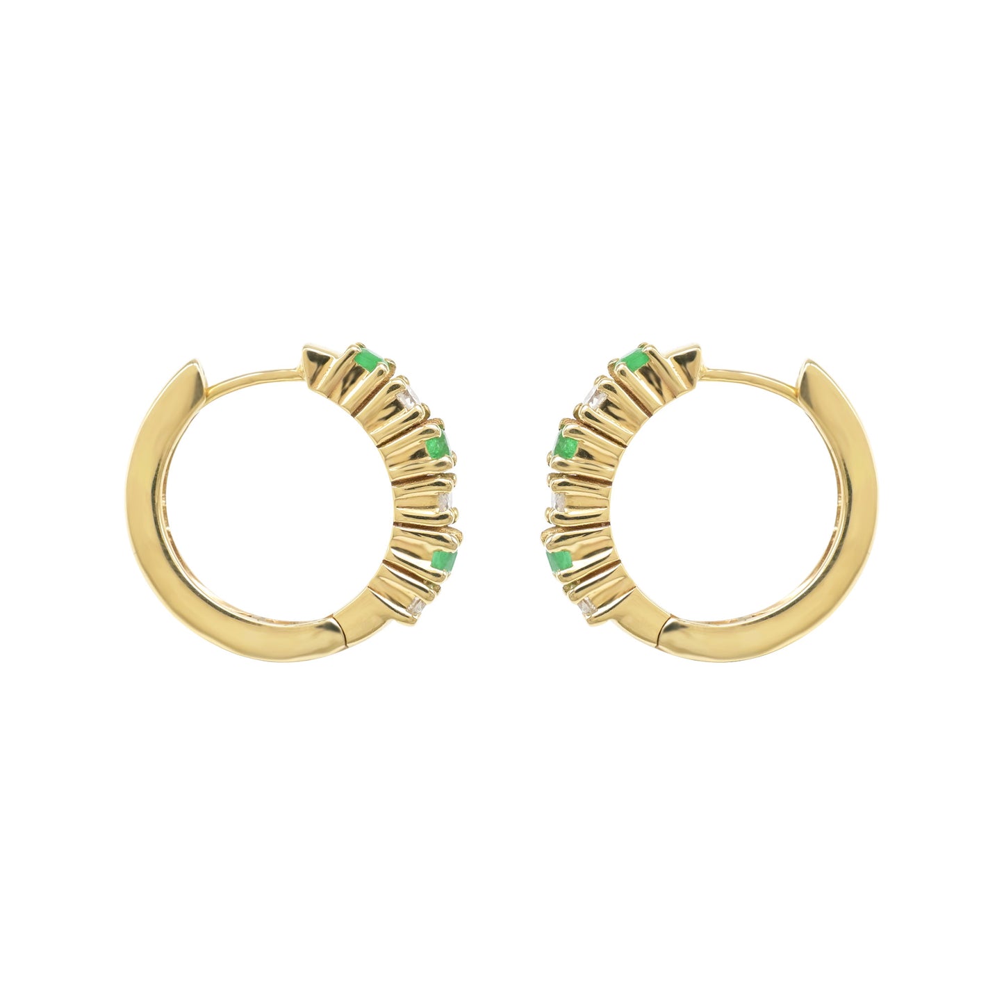 Round Huggies Hoop With 2mm Emerald And Diamond Latch Back Earrings In 14k Yellow Gold