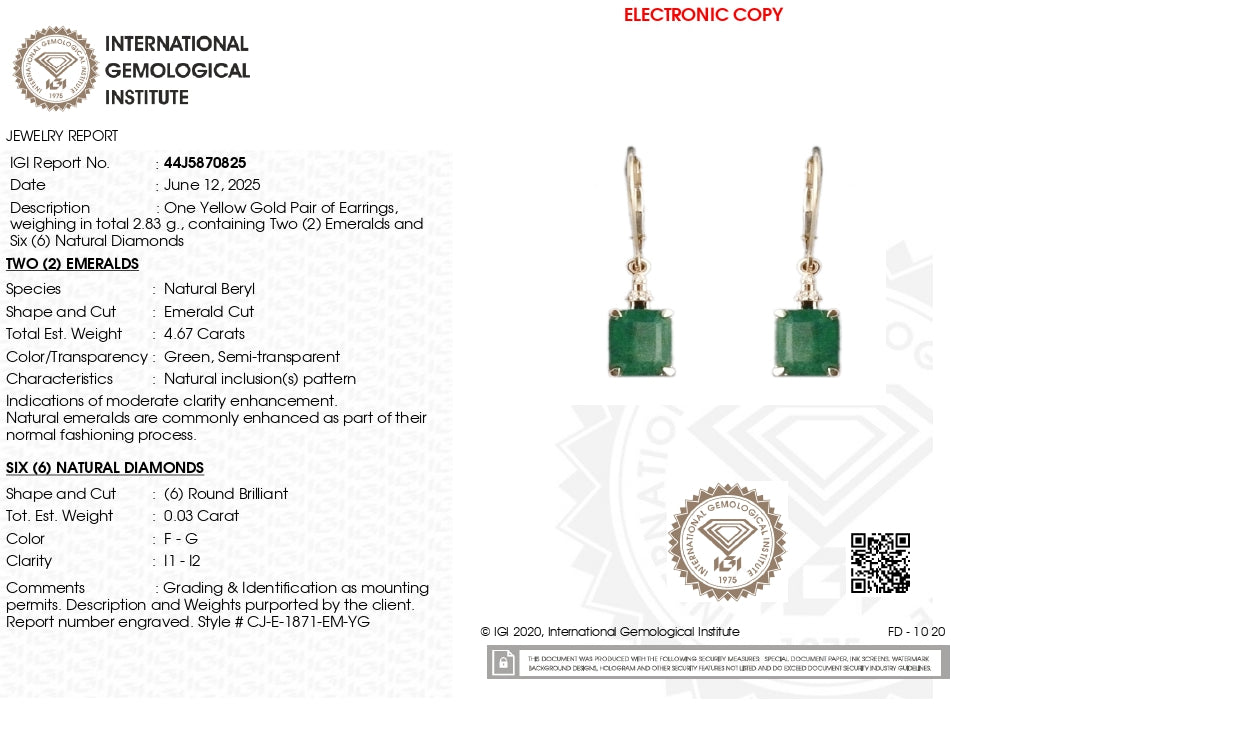 IGI Certified Dangle Earring With 9x7mm Emerald & Diamond 14k Yellow Gold Earrings For Her