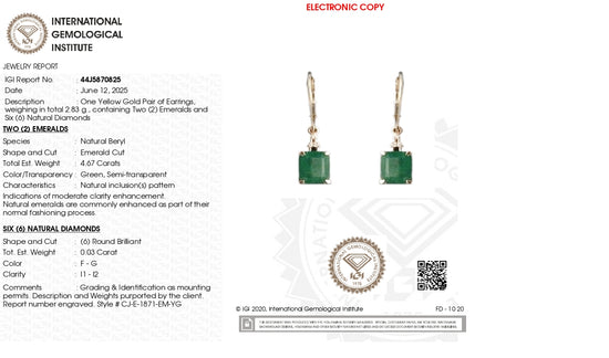 IGI Certified Dangle Earring With 9x7mm Emerald & Diamond 14k Yellow Gold Earrings For Her