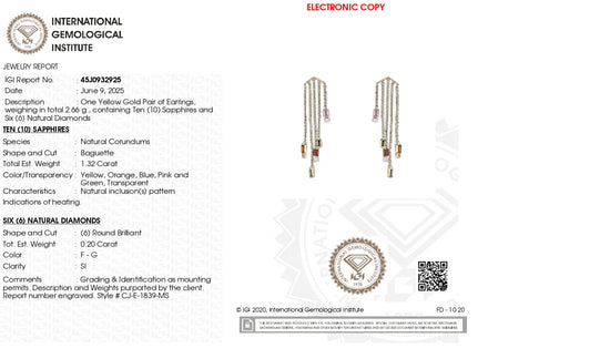Dangle Chain Certified Earring With 4x2mm Multi Sapphire Diamond 14k Yellow Gold Earrings