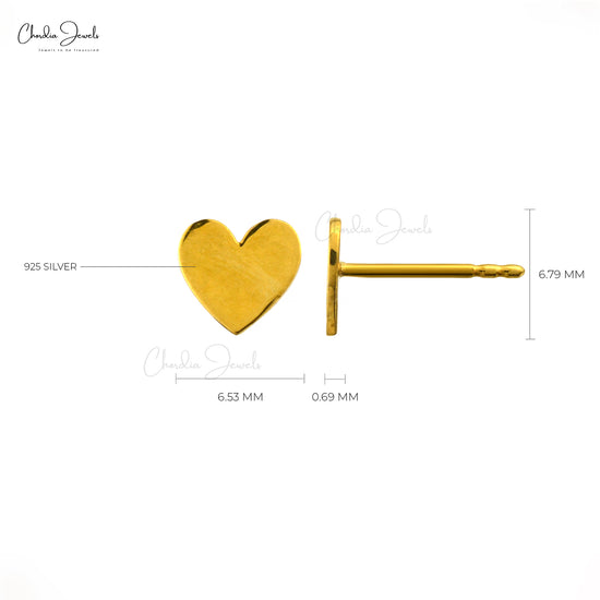 Classic 925 Sterling Silver Jewelry In Plain Yellow Gold Plated Heart Shape Stud Earrings At Discount Price
