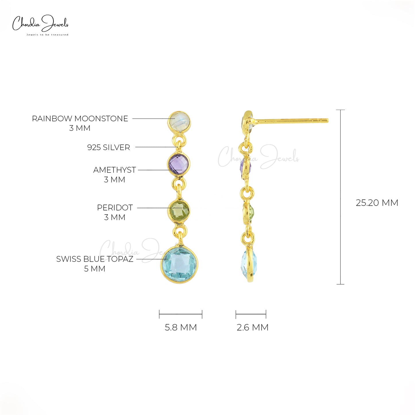 Dangle Multi Gemstone Earring In 925 Sterling Silver Round Cut Both Side Faceted Earrings