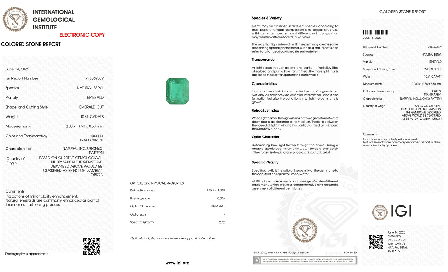 12.80x11.50x8.50 mm Natural Square Octagon Cut Emerald Gemstone at Discount Price, 1 Piece