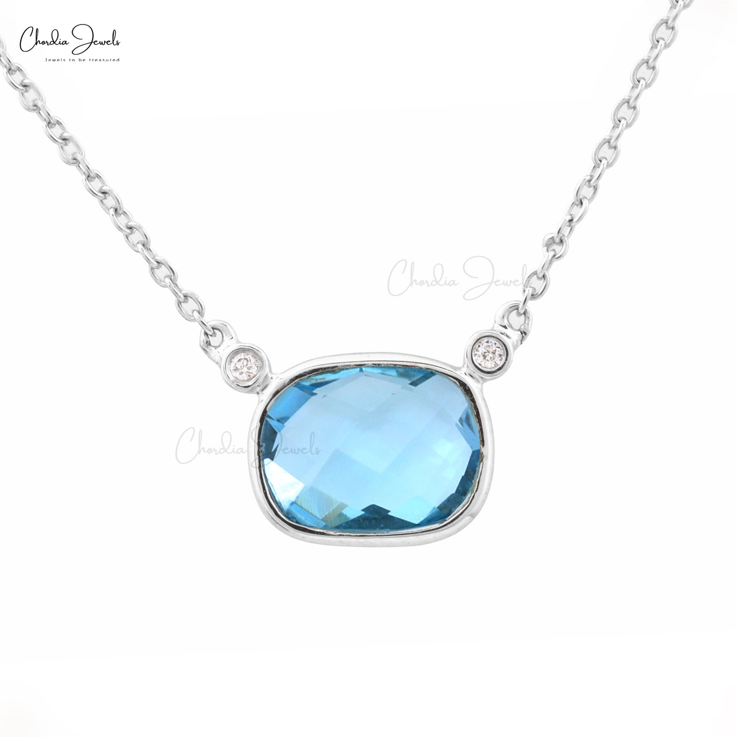 Genuine Swiss Blue Topaz Matinee Necklace 14k Solid White Gold Round Cut Diamond Necklace For Women's