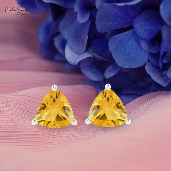 Yellow Citrine November Birthstone Solitaire Earrings Natural Trillion Cut Gemstone Summer Jewelry 14k Solid Gold Dainty Earrings For Her