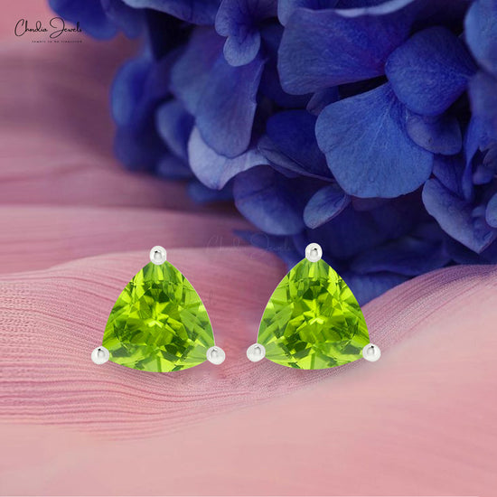 Natural Peridot Solitaire Earrings 14k Real Gold Vintage Earrings For Daughter Trillion Cut Gemstone Studs August Birthstone For Gift