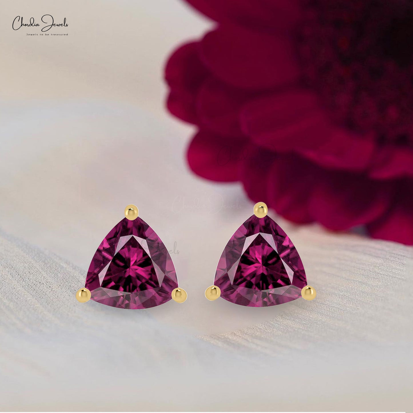 AAA Rhodolite Garnet Earrings For Gift 14k Real Gold Earrings Set 4mm Trillion  Cut Gemstone Studs Hallmarked Jewelry