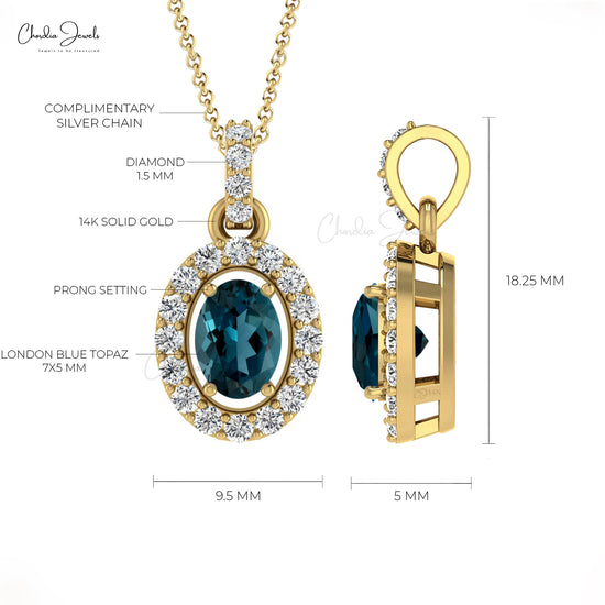Elegant London Blue Topaz Halo Pendant For Gift 7x5mm Oval Gemstone 14k Real Gold Diamond Art Deco Pendant