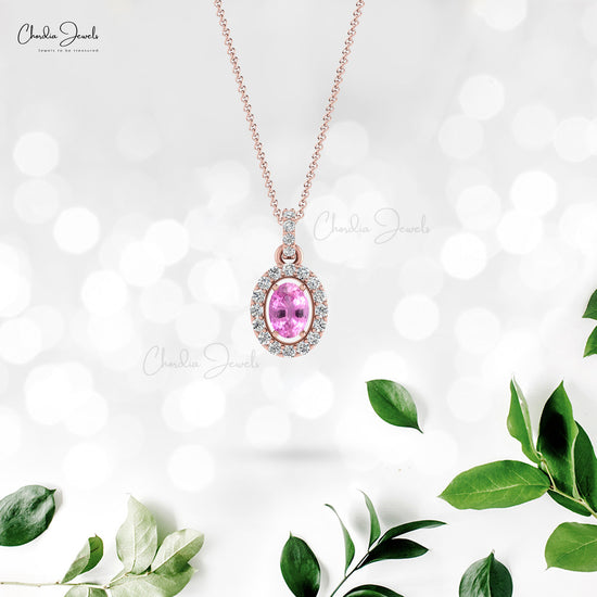 Classic Pink Sapphire Dainty Diamond Halo Pendant 7x5mm Oval Cut Gemstone Pendant For Gift 14k Real Gold Pendant Jewelry For Women