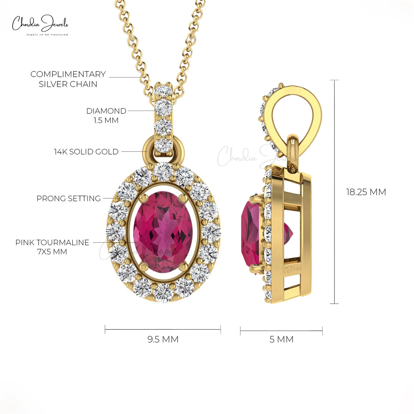 Natural Pink Tourmaline 7x5mm Gemstone and Halo Diamond 14k Real Gold Pendant