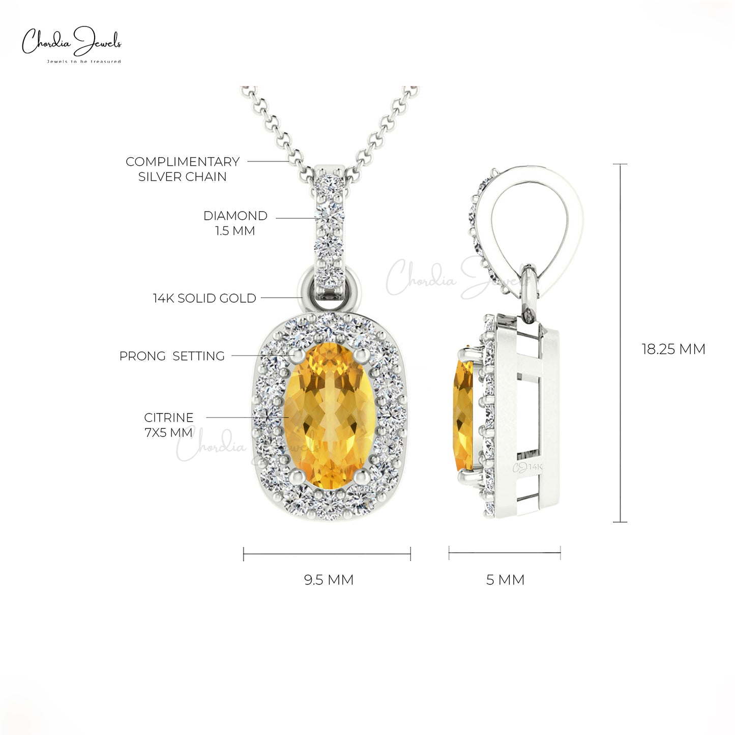 Natural Citrine Halo Pendant 7x5mm Oval Cut Gemstone Handmade Pendant 14k Real Gold Diamond Pendant Jewelry For Gift