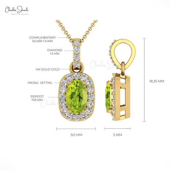 Genuine Peridot 7x5mm Oval Cut Gemstone Halo Pendant 14k Solid Gold Diamond Vintage Pendant For August Birthstone Fine Jewelry