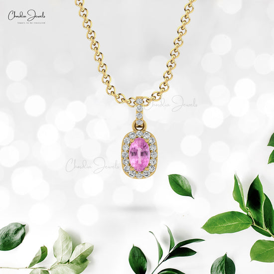Real 14k Gold Natural Pink Sapphire Pendant 0.75 Ct Oval Cut Gemstone Halo Diamond Pendant Handmade Jewelry For Women