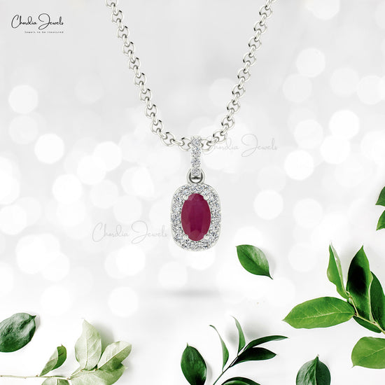Halo Diamond Charm In 14k Solid White Gold Burma Ruby 7x5mm Gemstone Pendant