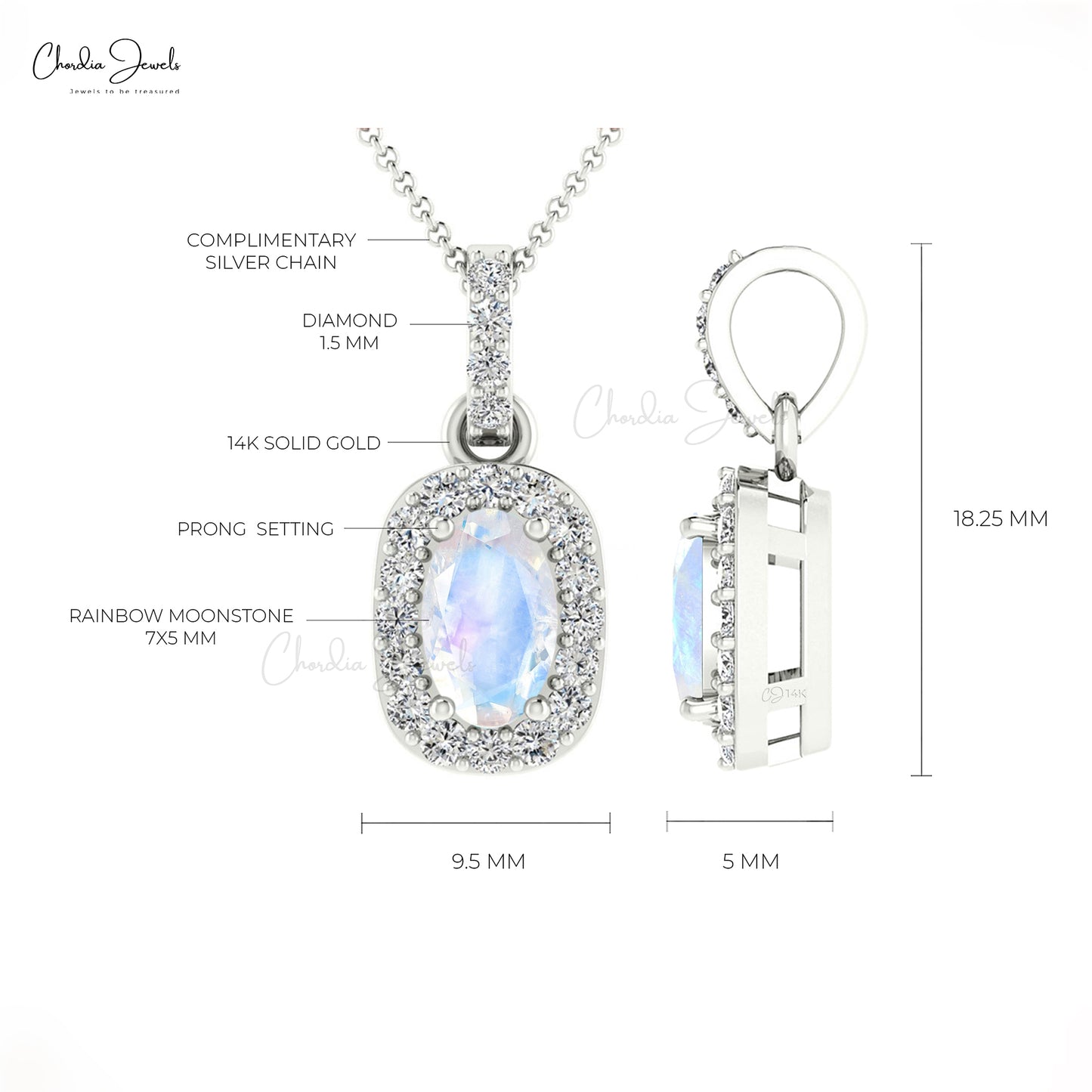 AAA Rainbow Moonstone Dainty Pendant For Gift 14k Real Gold Diamond Halo Pendant 7x5mm Oval Cut Gemstone Pendants Hallmarked Jewelry