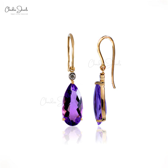 Pear-shaped Natural Amethyst Drop Earring in 14k Solid Yellow Gold Dimond