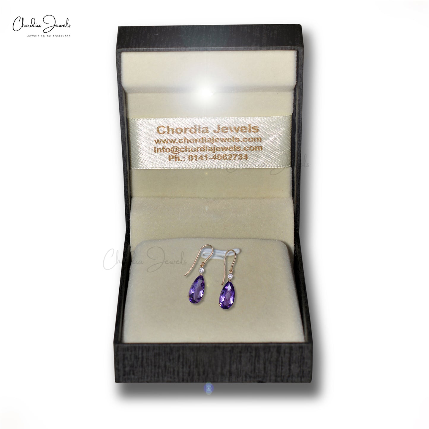 Pear-shaped Natural Amethyst Drop Earring in 14k Solid Yellow Gold Dimond