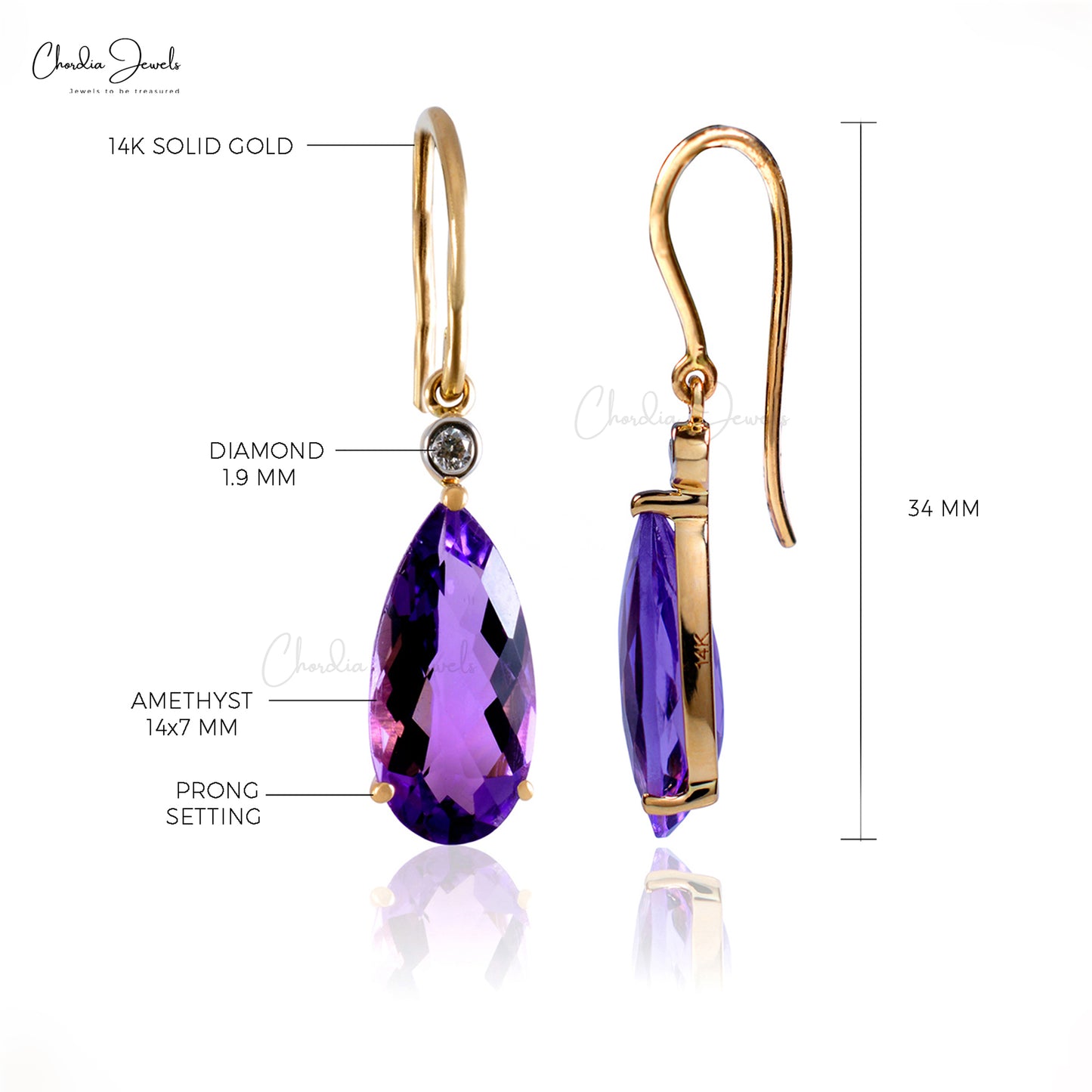 Pear-shaped Natural Amethyst Drop Earring in 14k Solid Yellow Gold Dimond