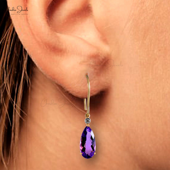 Pear-shaped Real Amethyst Dangle Earring in 14k Solid Yellow Gold Dimond