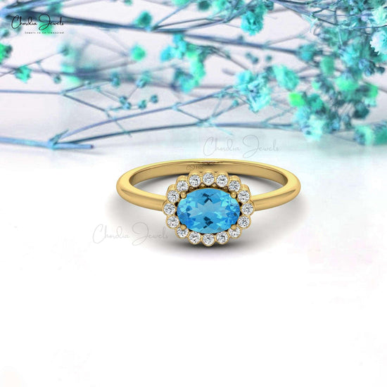 0.99 Carats Swiss Blue Topaz and Diamond Halo Ring For Anniversary in 14k Solid Gold - Chordia Jewels