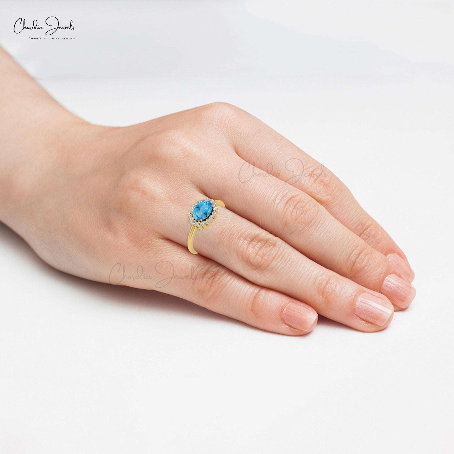 0.99 Carats Swiss Blue Topaz and Diamond Halo Ring For Anniversary in 14k Solid Gold - Chordia Jewels